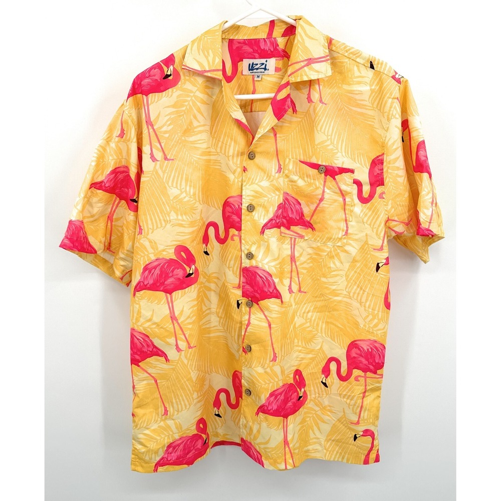 Uzzi Amphibious Gear Yellow Pink Flamingo Button Up Shirt Size‎ M
